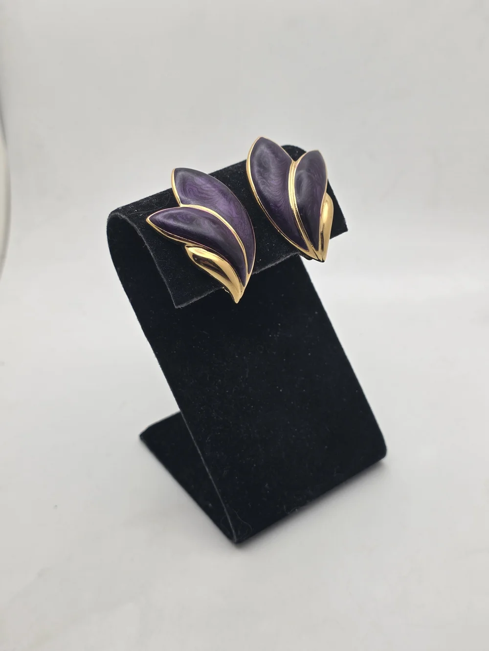 Trifari Gold-Tone Earrings with Deep Purple Enamel Petals
